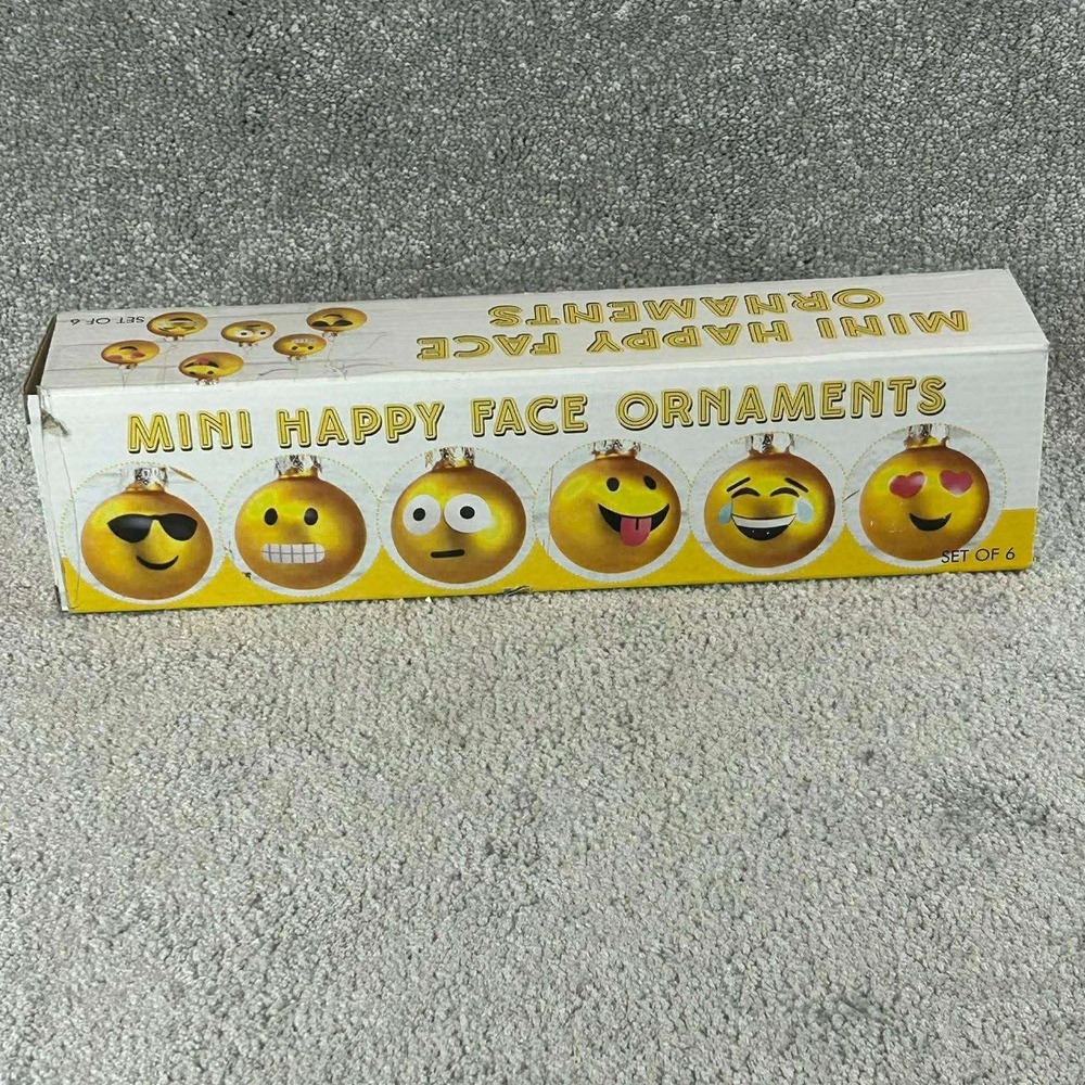 Mini Happy Face Ornaments Gold Emoji Set of 6 Christmas Novelty